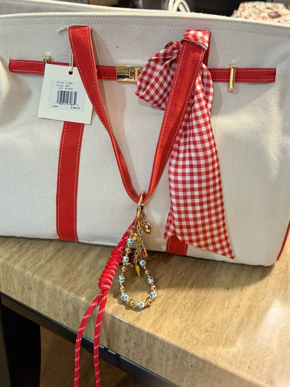 Canvas Tote with Red Trim and Gingham Accent, NWT